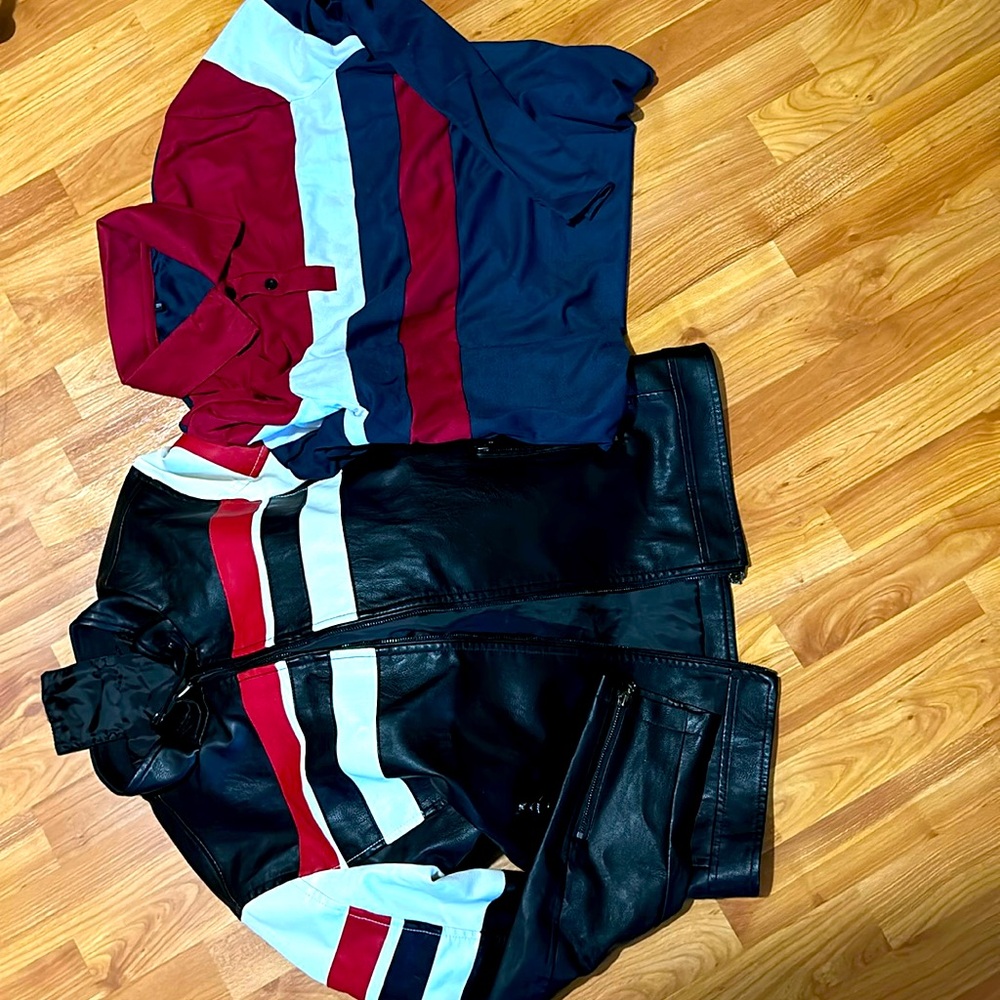 Leather jacket with matching shirt.